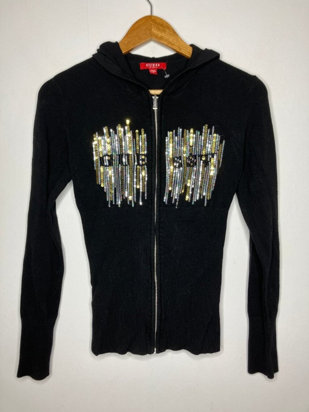 GUESS Women's Black Sequin Full Zip Hooded Cardigan Sweater Size M Y2K Vintage